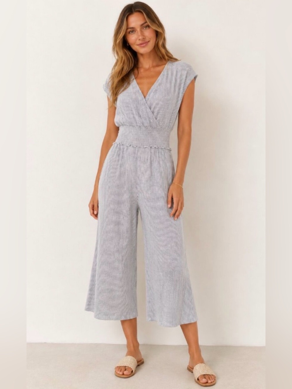 Caution To The Wind Gray & White Wide-Leg Capri Jumpsuit